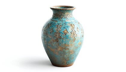 Detailed vintage vase with unique designs, isolated on a pristine white backdrop, full-body high-resolution photo,