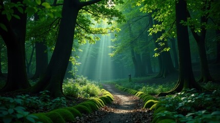 Poster - Sunbeams Illuminate a Mossy Path Through a Lush Green Forest