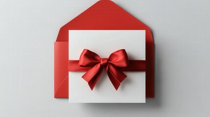 Poster - Red bow tied on a white greeting card placed on a flat surface for decoration or gifting purposes valentine day