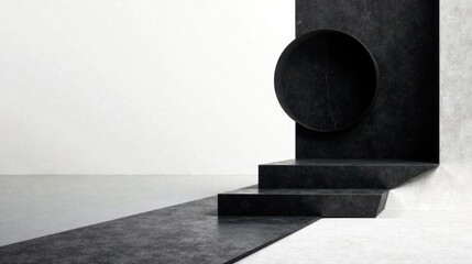 Poster - Abstract Minimalist Black and White Interior Design Scene with Geometric Shapes and Steps