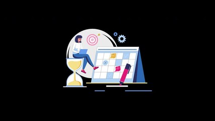 Aufkleber - A young woman works on a laptop while sitting beside a calendar and hourglass, representing time management.