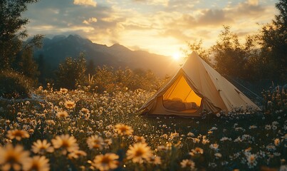 Wall Mural - Sunset camping in mountain meadow