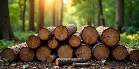 Aufkleber - Forest Harvesting Stack of Logs in Sunlit Woodland