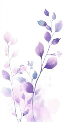 Wall Mural - Delicate watercolor painting of purple leaves and flowers creating a serene botanical design