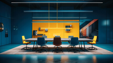 Wall Mural - Modern conference room design featuring vibrant colors and minimalist furnishings creates a dynamic work environment for meetings