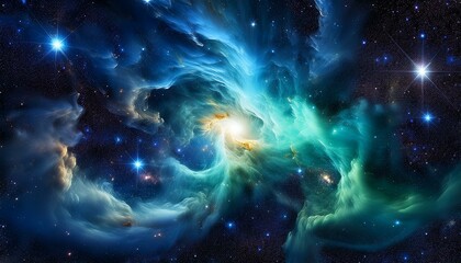 Wall Mural - stunning cosmic nebula with swirling blue and green gases illuminated by stars in the deep expanse o
