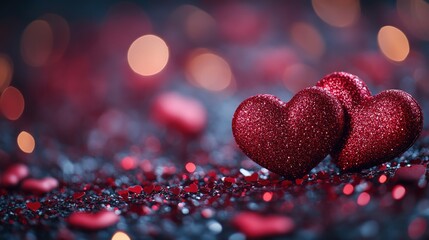Poster - Two red hearts placed on a smooth black surface creating a striking visual contrast valentine day