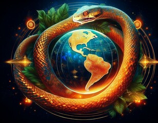 Wall Mural - a fiery patterned snake encircling the earth surrounded by greenery and illuminated symbols on a dar