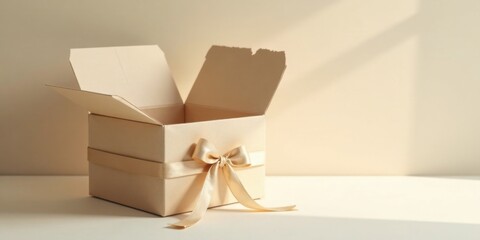 Poster - Empty beige gift box with satin ribbon bow, sunlit scene