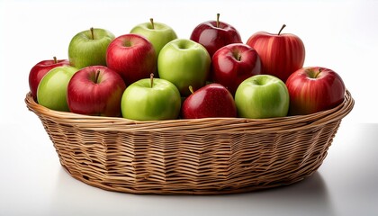 Wall Mural - red and green apples displayed in wicker baskets on a white background showcasing fresh produce variety and vibrant colors