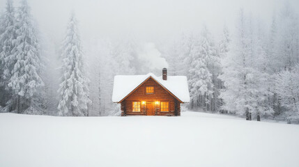 Wall Mural - cozy log cabin surrounded by snow covered trees in winter landscape, evoking sense of warmth and tranquility amidst cold. glowing windows add charming touch