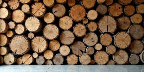 Aufkleber - A wall of stacked wood rounds, showing natural wood grain patterns and textures