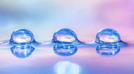 Wall Mural - Three water drops on surface, pastel background, macro photography, nature, science