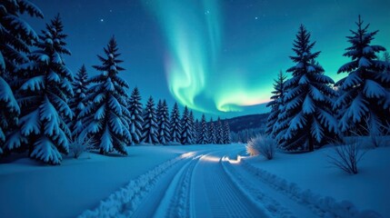 Aufkleber - Winter Wonderland Snow-Covered Trees Line a Serene Path Underneath a Vibrant Aurora Borealis