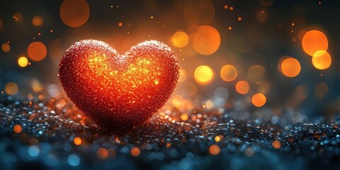 Poster - Heart shaped object resting on a pile of colorful glitter shining under bright light valentine day