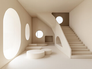 Modern Abstract Interior with Circular Windows and Geometric Shapes in Beige Tones