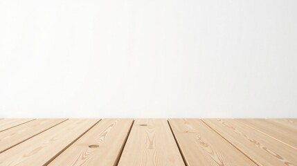Poster - Clean Wooden Tabletop Against a White Wall Background for Product Display