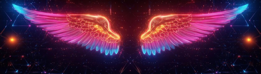 Poster - Neon illuminated wings design with vibrant colors for creative and artistic backgrounds and projects valentine day