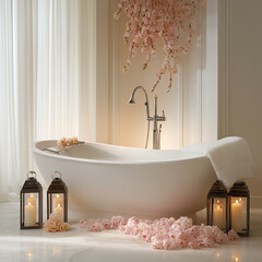 Poster - Luxurious bathtub with pink flowers, candles, and soft natural light