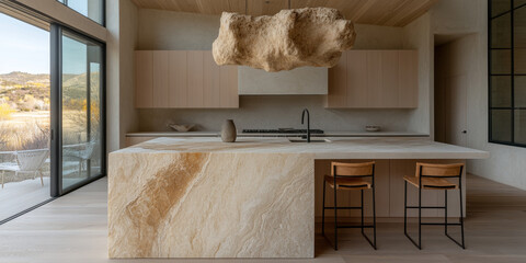 Wall Mural - Modern kitchen with natural stone island and minimalist design, featuring wooden cabinetry and unique stone light fixture. serene atmosphere enhances elegant space