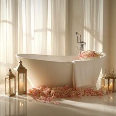Poster - Luxurious bathtub with pink roses and candlelight for relaxation