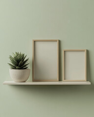 Aufkleber - Minimal shelf decor with blank wooden frames and a potted plant