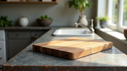 Aufkleber - Sunlit Wooden Cutting Board on Rustic Kitchen Countertop