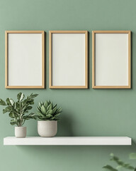 Aufkleber - Minimalistic shelf decor with wooden frames and green potted plants