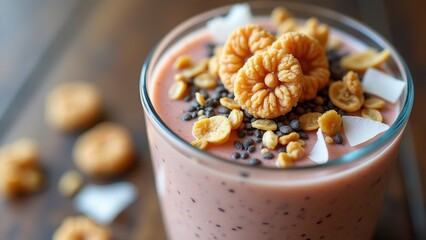 Wall Mural - The image is a close-up of a glass filled with a smoothie. The smoothie appears to be a pinkish-red color and is topped with a variety of nuts and seeds.