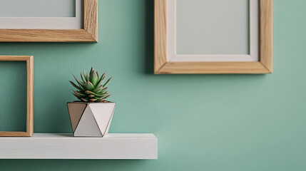 Aufkleber - Succulent plant in geometric pot with wooden frames on minimalist shelf
