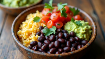 Wall Mural - The image shows two bowls of food on a wooden table. The bowls are made of ceramic and have a brown and blue speckled pattern.