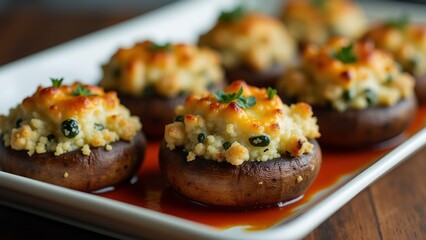 Wall Mural - The image shows a white rectangular plate with six stuffed mushrooms on it. The mushrooms are stuffed with a mixture of scrambled eggs, cheese, and herbs, and are garnished with a sprig of parsley.