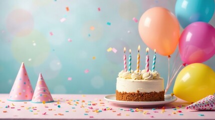 Poster - Festive Birthday Cake with Candles and Balloons Surrounded by Confetti