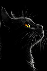 Poster - Artistic black cat profile with glowing orange eyes on black background