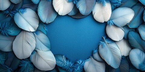 Poster - Blue background with white feathers creating a soft and serene abstract design valentine day