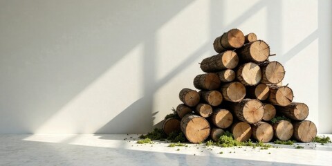 Aufkleber - Sunlight illuminates a neatly stacked pile of wood logs against a light wall