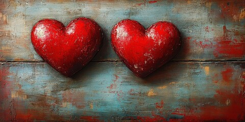 Poster - Two red hearts positioned on a blue and red textured background creating a vibrant visual contrast valentine day