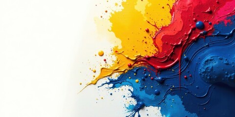 Poster - Abstract Colorful Paint Explosion Dynamic Swirls and Splashes of Yellow, Red, and Blue Pigments on White Background