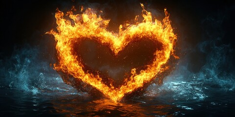 Aufkleber - Heart shaped fire burning on the surface of calm water at night valentine day
