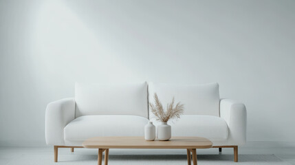 Canvas Print - modern white sofa with wooden coffee table and decorative vases, creating minimalist living room atmosphere. soft textures and neutral colors evoke sense of calm and comfort