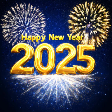Golden glowing Happy New Year 2025 text with fireworks