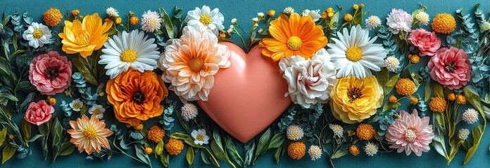 Poster - Heart shape surrounded by colorful flowers and green leaves on a white background valentine day