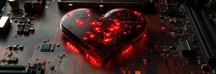 Poster - Heart shaped computer motherboard with red lights and circuitry details in a technology concept image valentine day