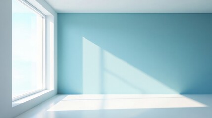 Poster - Sunlight streams into a minimalist room with a pale blue wall and white floor