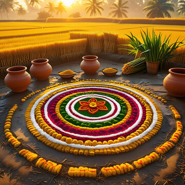 Vibrant Pongal harvest festival scene with golden rice fields and decorations