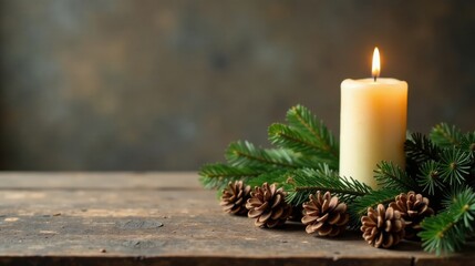Poster - A Lit Candle with Evergreen Branches and Pine Cones on Rustic Wood
