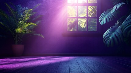 Wall Mural - Bright sunlight illuminates a room with plants near a window at dawn