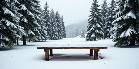 Poster - Rustic Wooden Table in a Snowy Evergreen Forest Winter Scene
