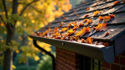 Aufkleber - Autumn Leaves on a House Roof and Gutter