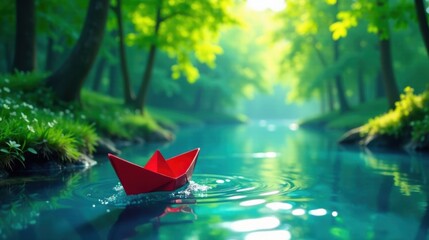 Aufkleber - Serene paper boat adrift on tranquil waters of a lush forest stream